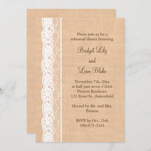 Invitation Dîner de répétition en burlap léger et en dentelle (Devant / Derrière)