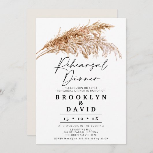 Invitation Dîner de répétition en herbe Boho Pampas moderne (Devant / Derrière)