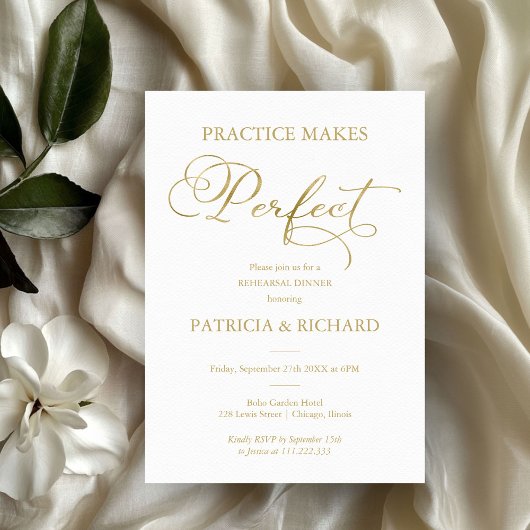Invitation Dîner de répétition en papier d'or Practice Makes