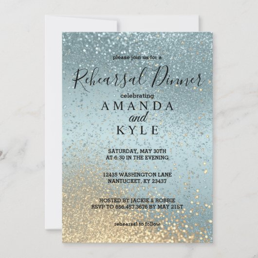 Invitation Dîner de répétition en Parties scintillant bleue e (Devant)