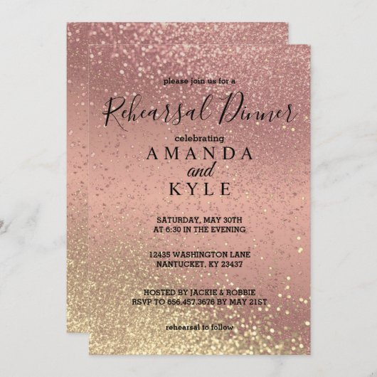 Invitation Dîner de répétition en Parties scintillant or et o (Devant / Derrière)