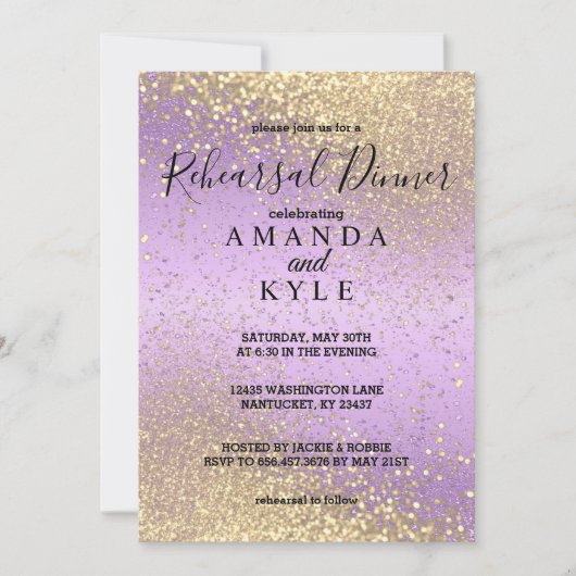 Invitation Dîner de répétition en Parties scintillant violet (Devant)