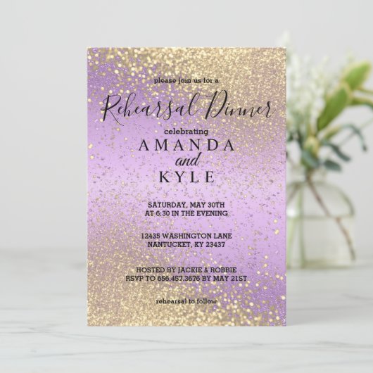 Invitation Dîner de répétition en Parties scintillant violet (Debout devant)
