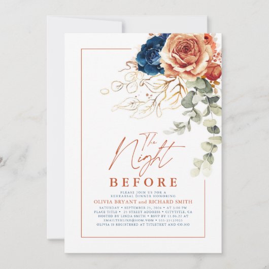 Invitation Dîner de répétition en terre cuite et bleu marine (Devant)