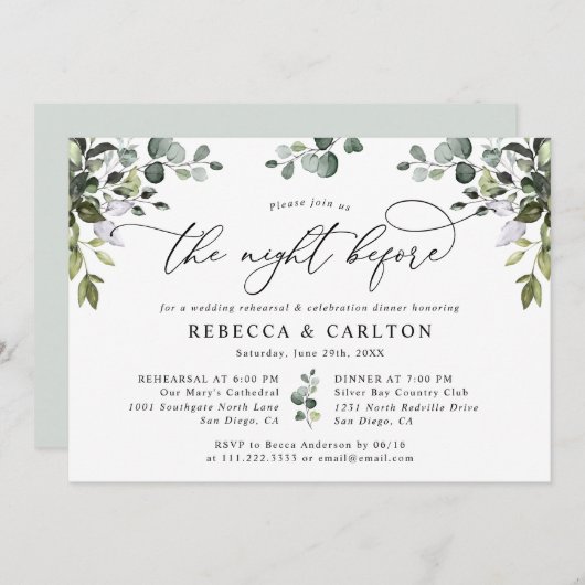 Invitation Dîner de répétition Eucalyptus Élégant (Devant / Derrière)