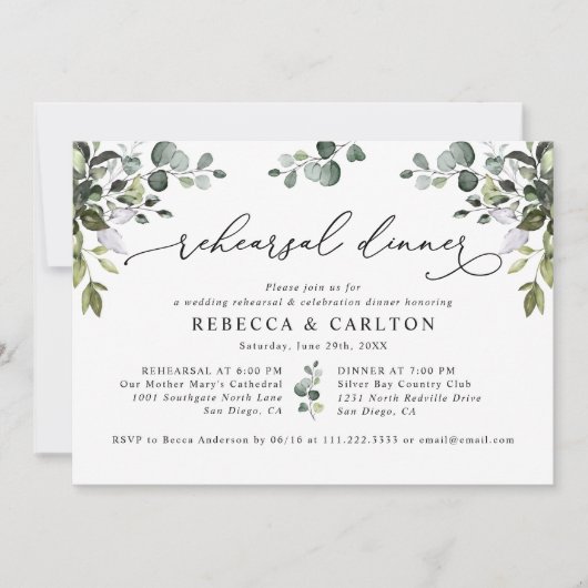 Invitation Dîner de répétition Eucalyptus Élégant (Devant)