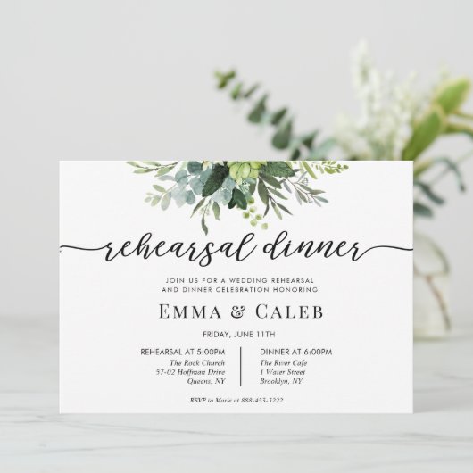 Invitation Dîner de répétition Eucalyptus Green Calligraphy (Debout devant)