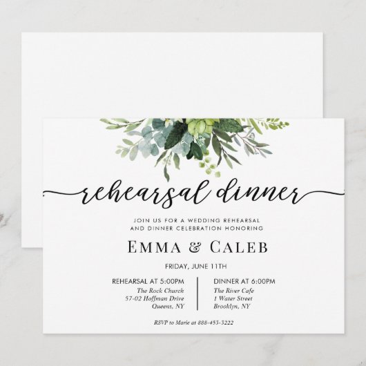 Invitation Dîner de répétition Eucalyptus Green Calligraphy (Devant / Derrière)