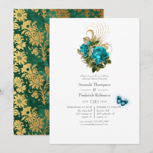 Invitation Dîner de répétition Fantasy Turquoise et Or (Devant / Derrière)
