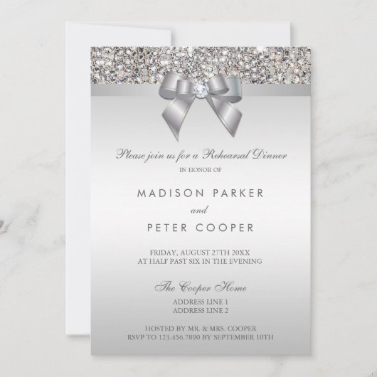 Invitation Dîner de répétition Faux Silver Sequins Bow (Devant)