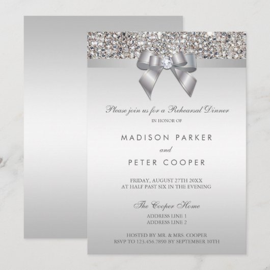 Invitation Dîner de répétition Faux Silver Sequins Bow (Devant / Derrière)