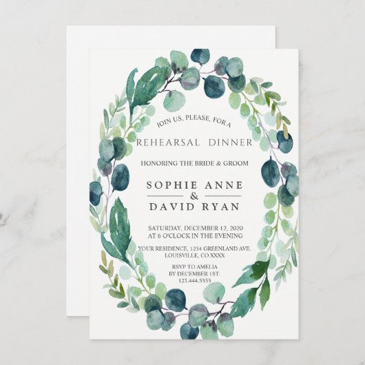 Invitation Dîner de répétition Feuillage Eucalyptus Aquarelle (Devant / Derrière)