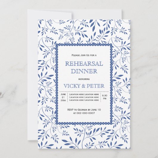Invitation Dîner de répétition feuille bleu indigo moderne (Devant)