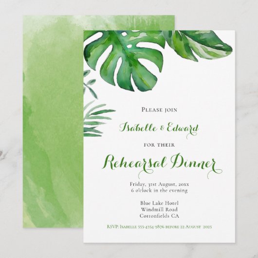 Invitation Dîner de répétition Feuille de palme d'aquarelle t (Devant / Derrière)