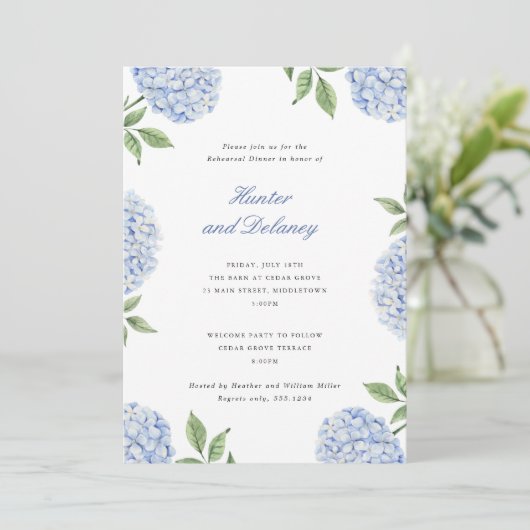 Invitation Dîner de répétition Fleur d'hortensia bleu classiq (Debout devant)