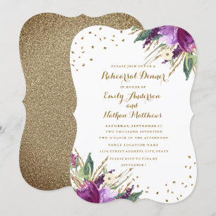 Invitation Dîner de répétition Fleur Or Violet Aquarelle