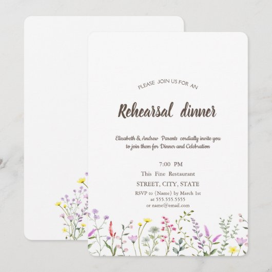 Invitation Dîner de répétition Fleur sauvage aquarelle (Devant / Derrière)