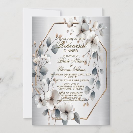 Invitation Dîner de répétition Fleurs blanches Cadres dorés A (Devant)