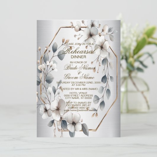 Invitation Dîner de répétition Fleurs blanches Cadres dorés A (Debout devant)