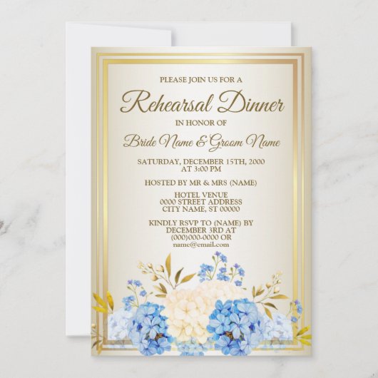 Invitation Dîner de répétition Fleurs Jaune Bleu Doré (Devant)