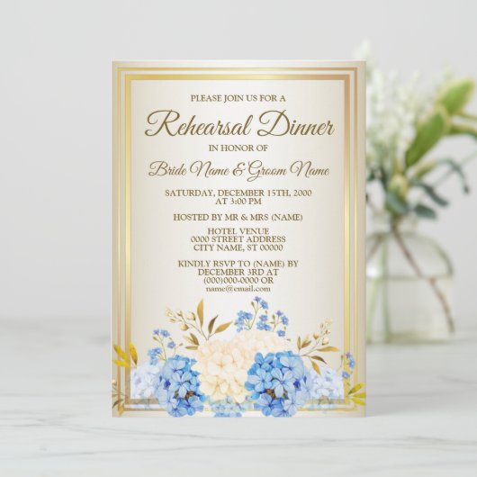 Invitation Dîner de répétition Fleurs Jaune Bleu Doré (Debout devant)