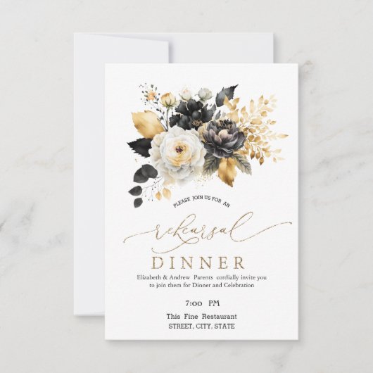 Invitation Dîner de répétition Fleurs Noires Blanches Or (Devant)