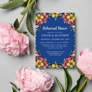 Invitation Dîner de répétition Fleurs roses colorées bleues