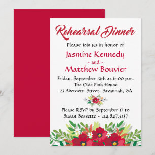Invitation Dîner de répétition Fleurs Rouge Floral Bourgogne