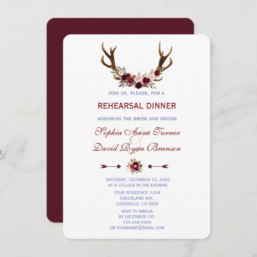 Invitation Dîner de répétition Floral Antlers de Bourgogne (Devant / Derrière)