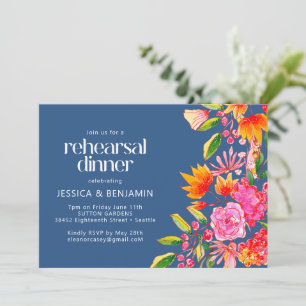 Invitation Dîner de répétition floral aquarelle bleu chic ros