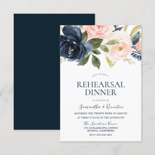 Invitation Dîner de répétition floral aquarelle rose bleu mar