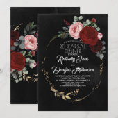 Invitation Dîner de répétition Floral Black Burgundy Red Gold (Devant / Derrière)