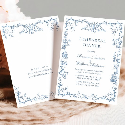 Invitation Dîner de répétition Floral Bleu de Victoria