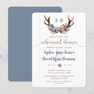 Invitation Dîner de répétition Floral Bleu Dusty Antlers