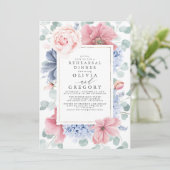 Invitation Dîner de répétition floral bleu et Rose poussiéreu (Debout devant)