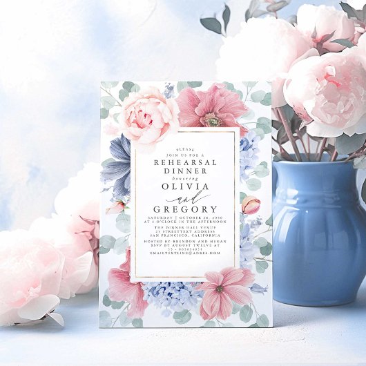 Invitation Dîner de répétition floral bleu et Rose poussiéreu