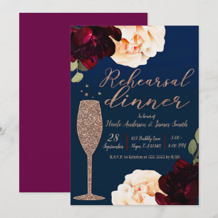 Invitation Dîner de répétition floral bleu foncé Champagne