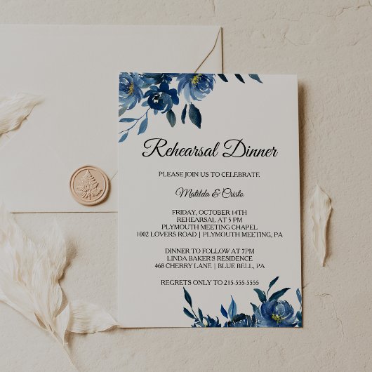 Invitation Dîner de répétition Floral bleu moderne