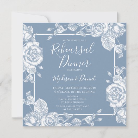 Invitation Dîner de répétition floral bleu poussiéreux (Devant)