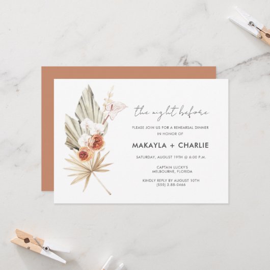 Invitation Dîner de répétition floral Boho (Devant/Arrière en situation)