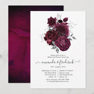 Invitation Dîner de répétition floral bordeaux et argent