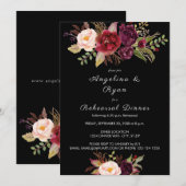 Invitation Dîner de répétition floral bordeaux marsala - Noir (Devant / Derrière)