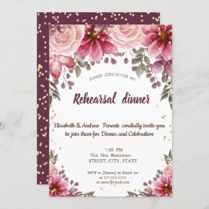Invitation Dîner de répétition Floral Bourgogne Gold Diamonds