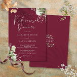 Invitation Dîner de répétition Floral Bourgogne vert<br><div class="desc">Élégante invitation à dîner de répétition burgundy fleurie avec vos noms et les détails de dîner de répétition définis dans le texte chic et vos initiales monogrammes au verso. Conçu par Thisisnotme©</div>