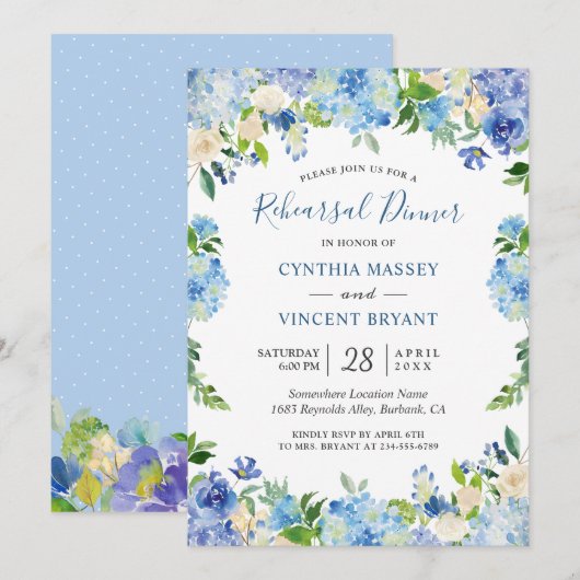 Invitation Dîner de répétition floral chic Blue Light Hydrang (Devant / Derrière)