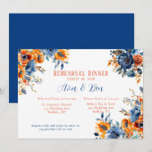 Invitation Dîner de répétition Floral de peinture bleue et or (Devant / Derrière)