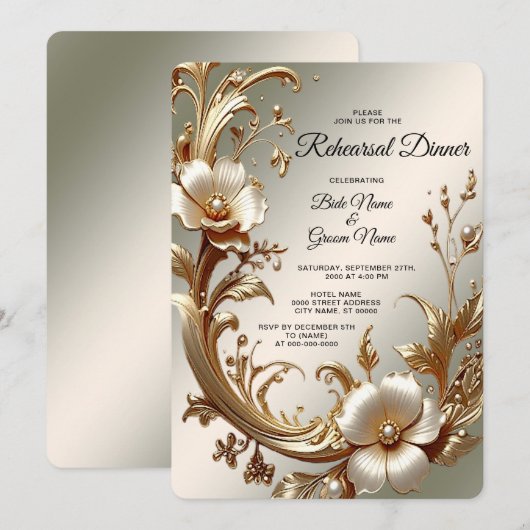 Invitation Dîner de répétition floral doré (Devant / Derrière)