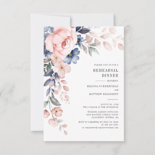 Invitation Dîner de répétition Floral Dusty Blue Rose Fleurs (Devant)