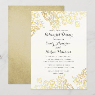 Invitation Dîner de répétition floral élégant vintage en or