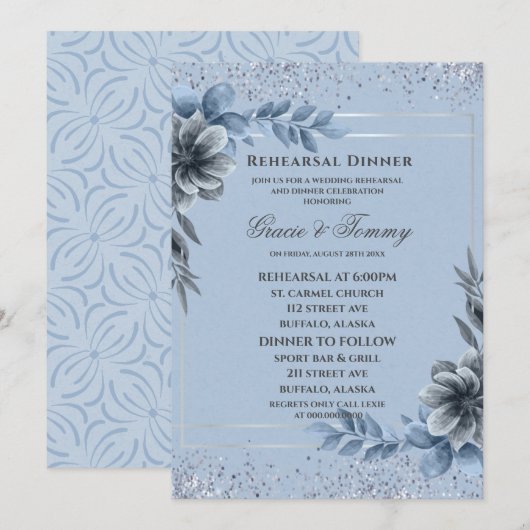 Invitation Dîner de répétition Floral en argent Dusty (Devant / Derrière)